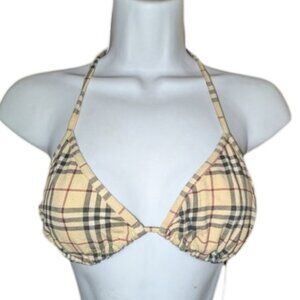 Burberry Signature Check Triangle Tie Halter Neck Back Sand Plaid Bikini Top S